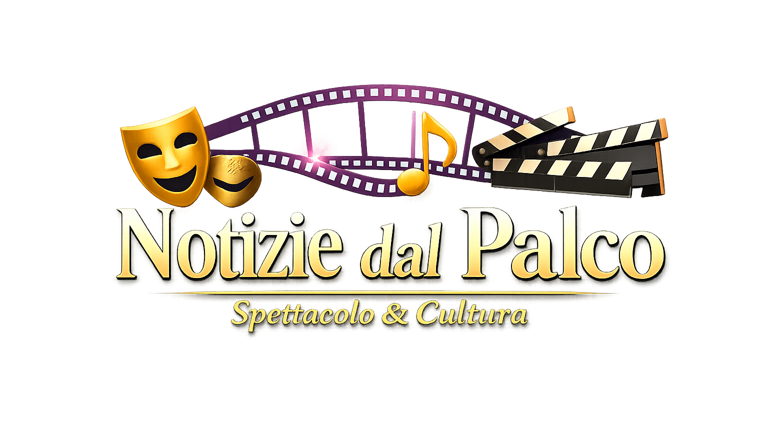 Logo di 'Notizie dal Palco', con maschere teatrali, note musicali e una pellicola cinematografica, rappresentante spettacolo e cultura.
