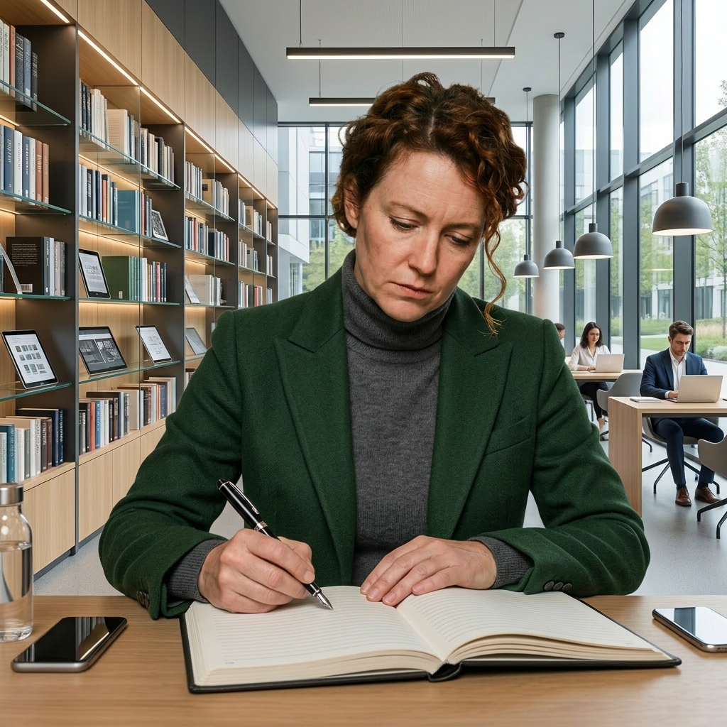 Woman with red hair writing in an old book using a quill pen inside a historic library