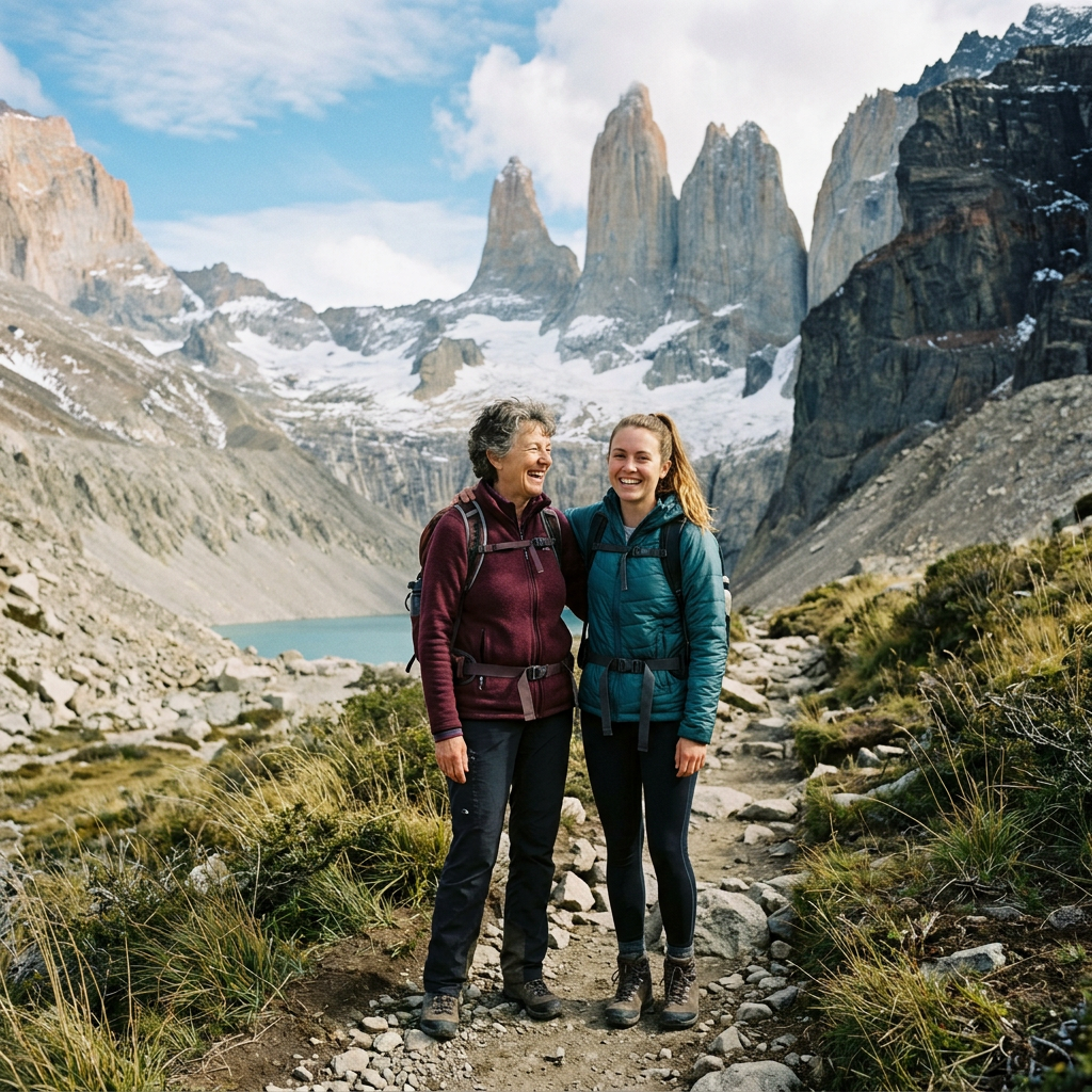 Two women, one younger, Patagonia background
