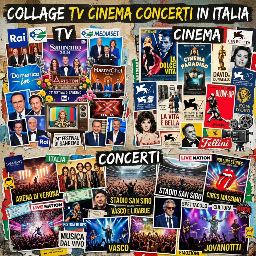 Collage highlighting Italian TV shows, famous movies, and popular concert venues and artists