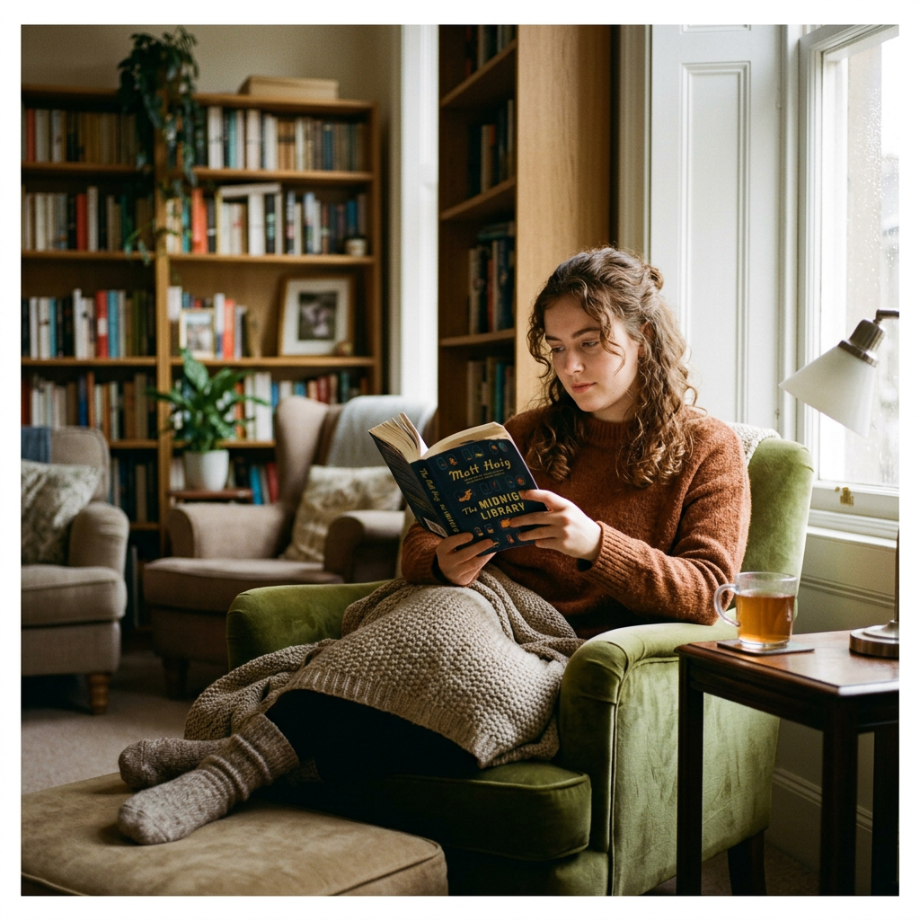 Woman sitting in green armchair reading 'The Midnight Library' with a cup of tea nearby
