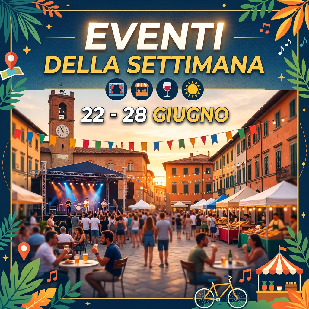 Crowd attending outdoor market and live music concert in Italian town square