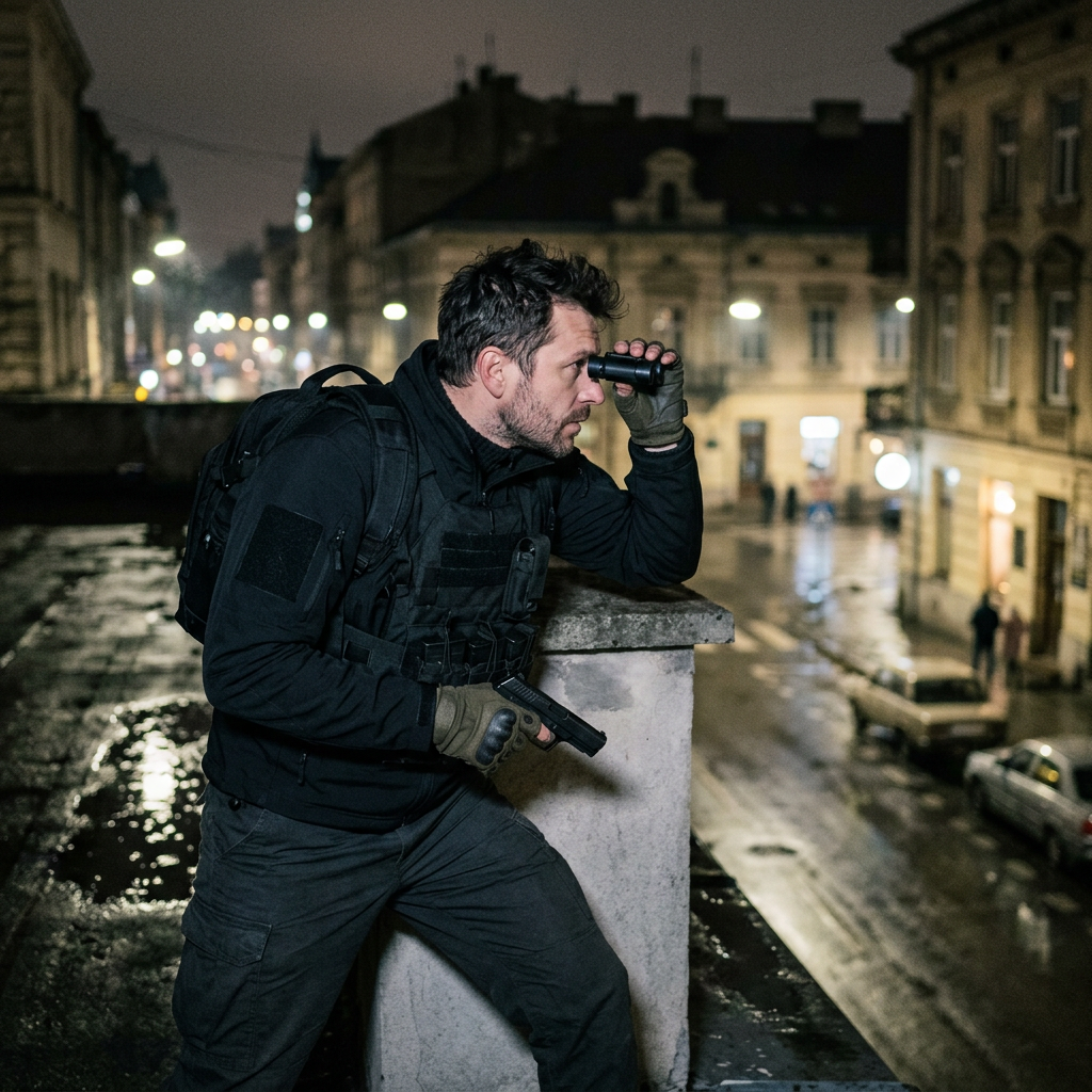 Man in tactical gear using binoculars and holding a handgun near urban street at night