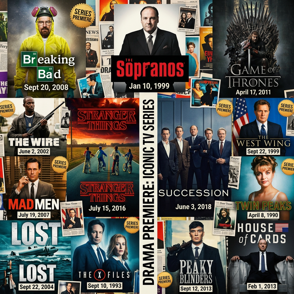 Poster collage showing premiere dates of iconic TV drama series including Breaking Bad, The Sopranos, Game of Thrones, The Wire, Stranger Things, Succession, West Wing, Mad Men, Twin Peaks, Lost, The X-Files, Peaky Blinders, and House of Cards