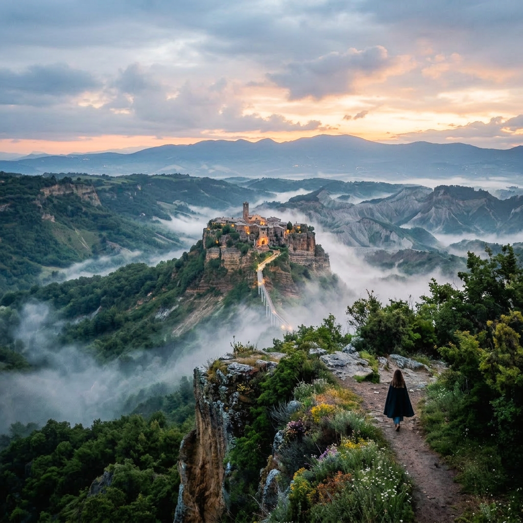 Hilltop village glowing with lights at dusk surrounded by fog and mountains
