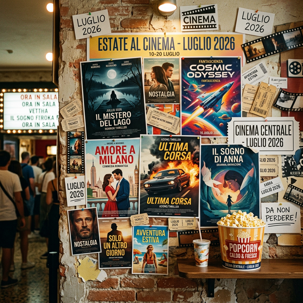 Cinema poster board with multiple movie posters and tickets for July 2026