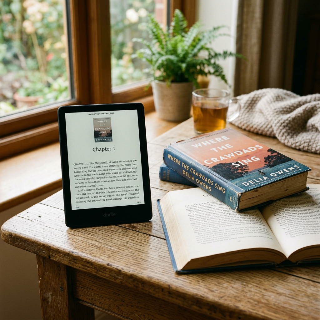 Kindle displaying text next to physical books titled Where the Crawdads Sing on wooden table