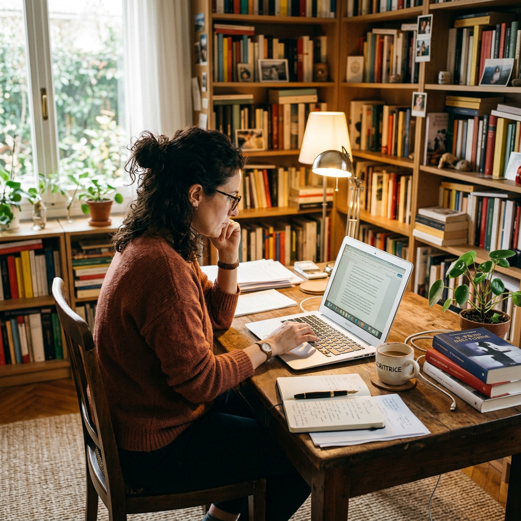 Woman working on laptop in home office filled with books and plants