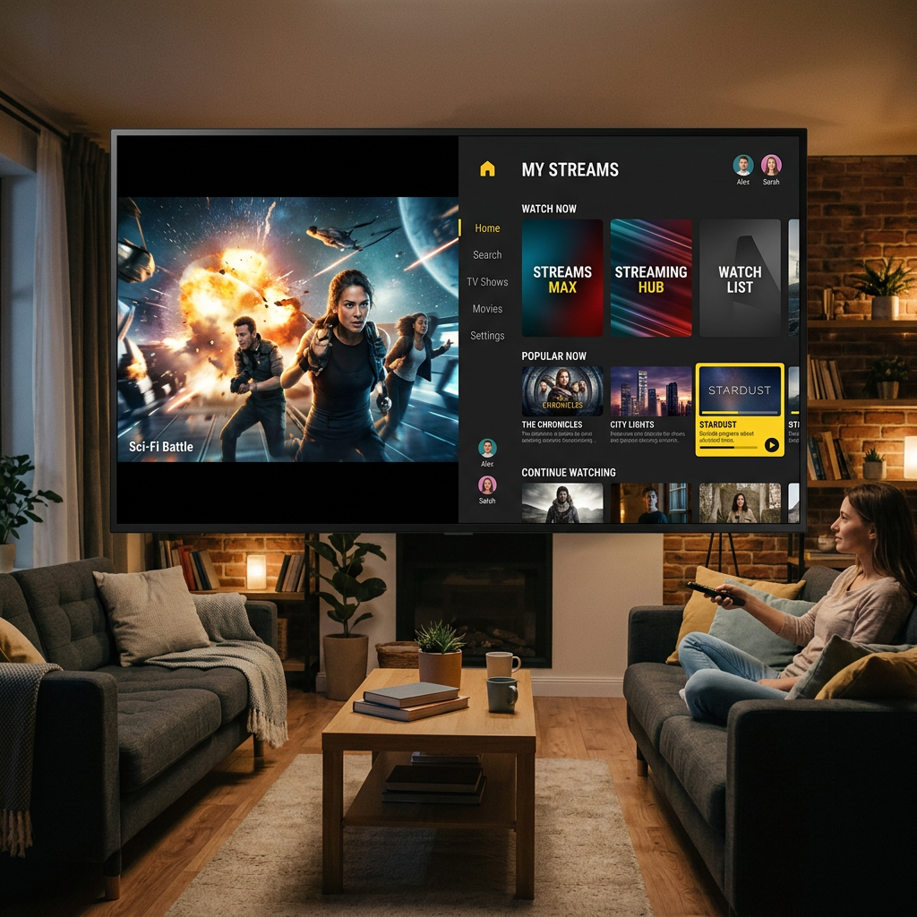 Smart TV displaying streaming app interface with movie selection and a woman holding a remote