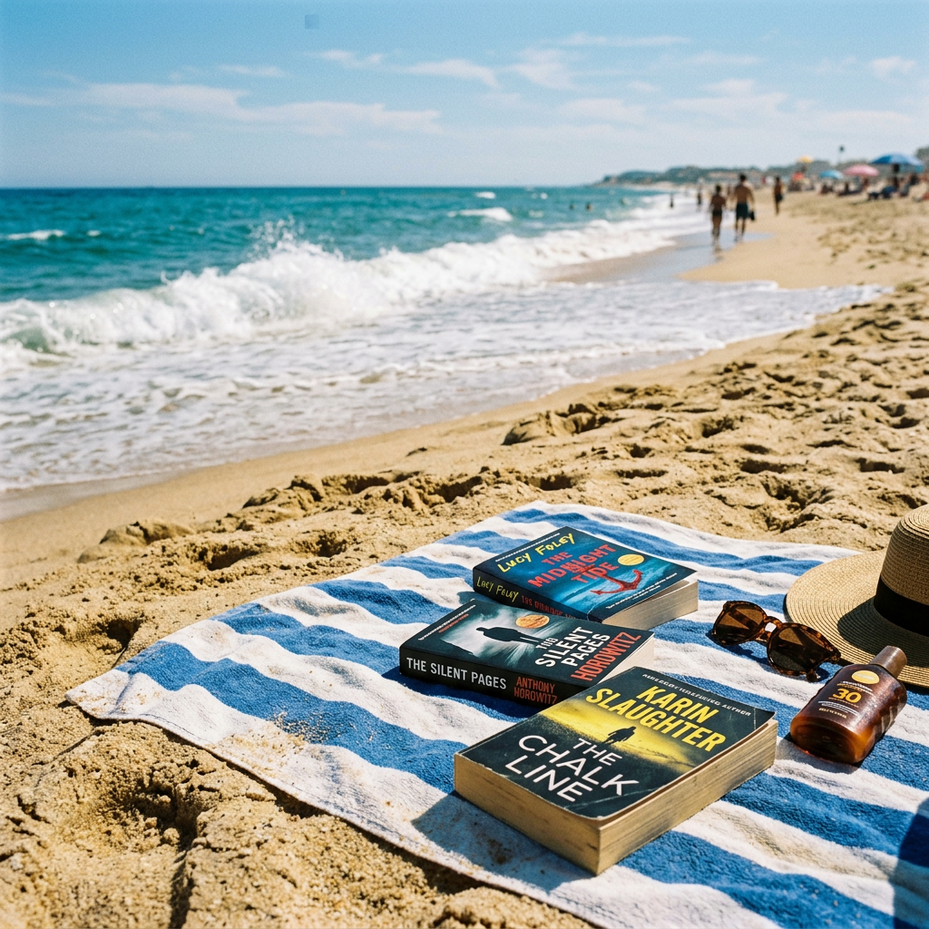 Striped towel on beach with three books, sunglasses, sunscreen, and a hat