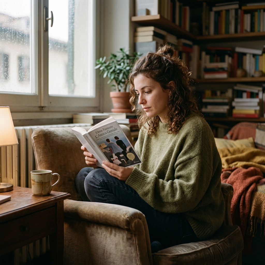 Woman sitting in armchair reading Elena Ferrante's book near window with rain droplets
