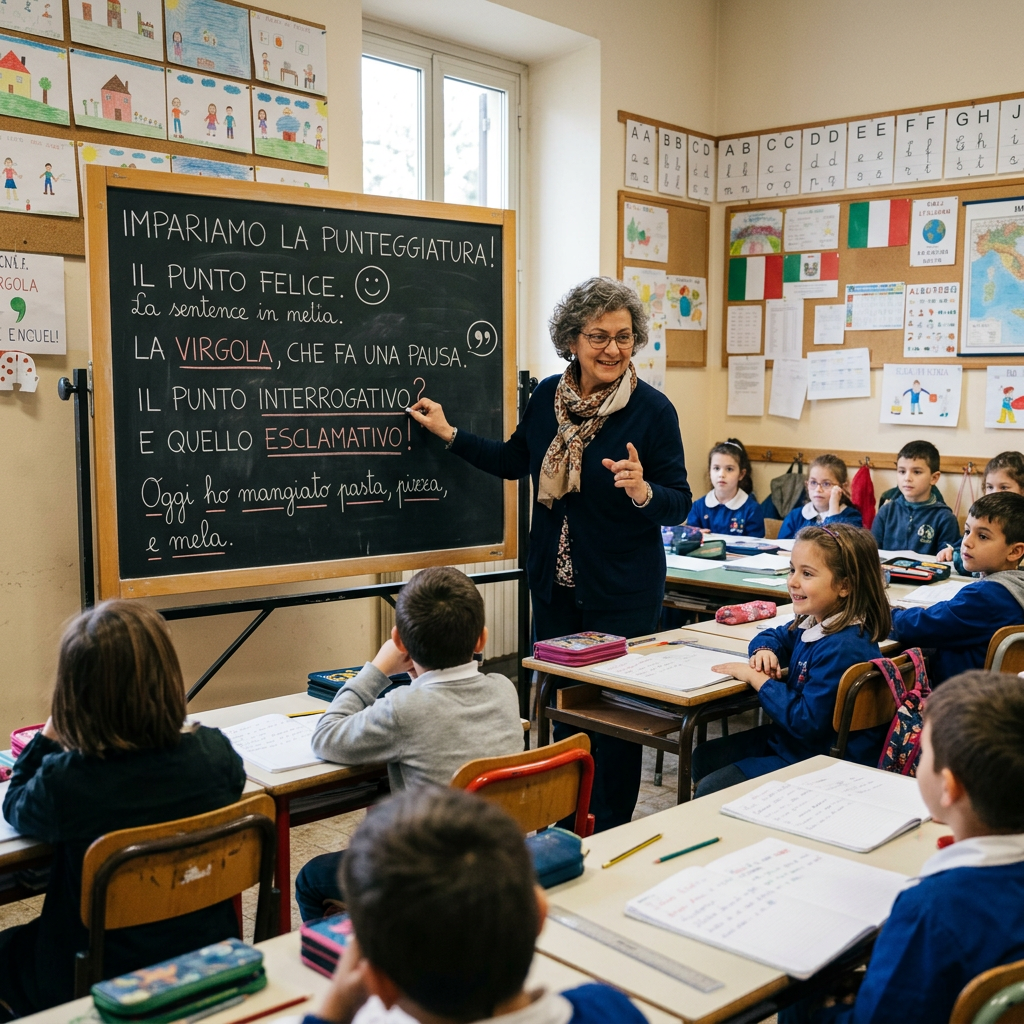 Teacher pointing at punctuation lesson written on chalkboard in Italian classroom with attentive students