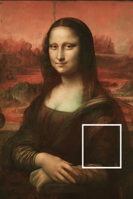 Riproduzione della Gioconda fornita dallo studioso, con un riquadro sulla veste presso l’avambraccio sinistro